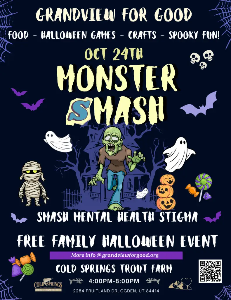 Join Grandview for Good on October 24th for Monster Smash—a free family Halloween event at Cold Springs Trout Farm in Ogden, UT! Enjoy food, games, crafts, and spooky fun while helping smash the stigma around mental health.